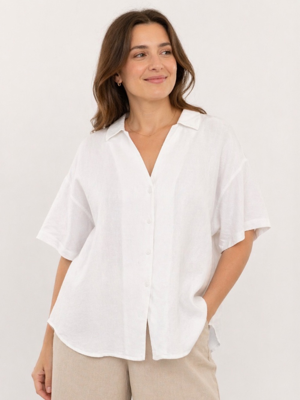 Mod Ref | Crisp Linen Button Front Short Sleeve Relaxed Cropped Chic Shirt Top